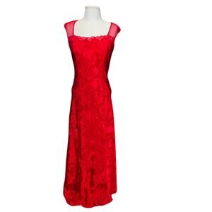 Vintage Victoria Secret gold label red maxi lace trimmed slit dress deep V Med